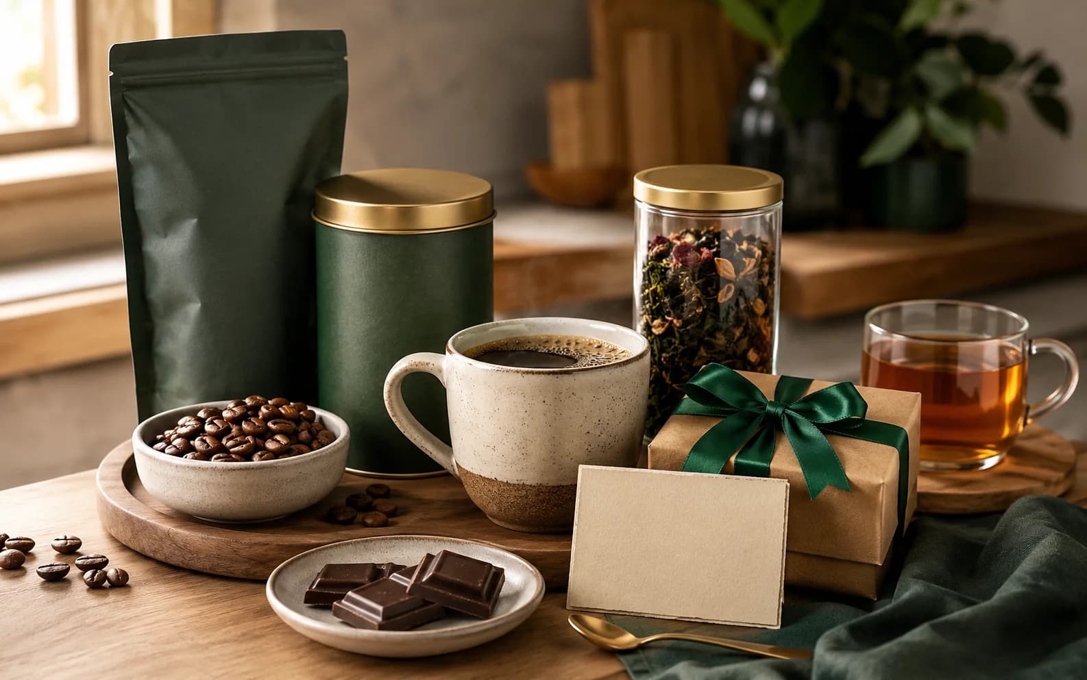 Unbranded coffee, tea, cocoa, and wrapped beverage gift arranged on a kitchen table