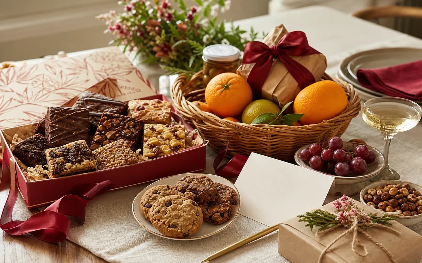 Unbranded dessert box, fruit basket, cookies, and wrapped food gifts on a dining table
