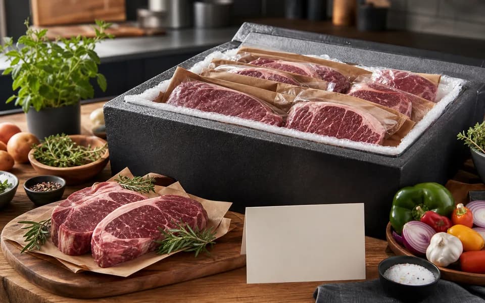 Unbranded steak and freezer gift scene arranged for food gifting