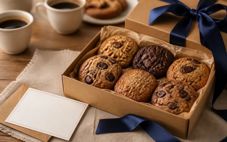 Unbranded cookie gift box with baked sweets arranged for gifting