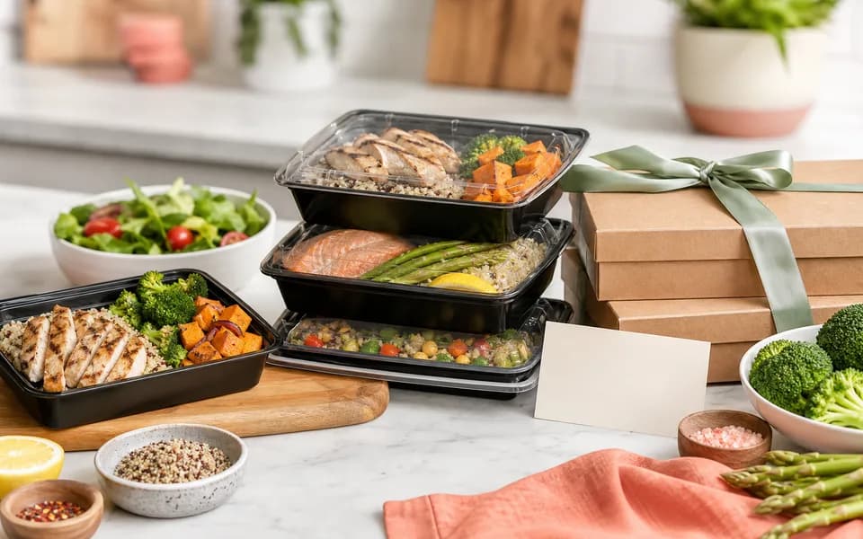 Unbranded healthy prepared meal gift with vegetables and packed meals