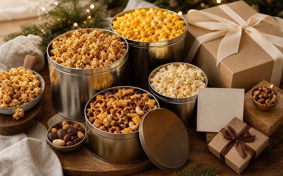 Popcorn and snack tins visual representing The Popcorn Factory
